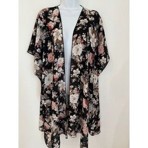 RD Style Women Black Floral Kimono Duster Topper Coverup Beach Summer Size S